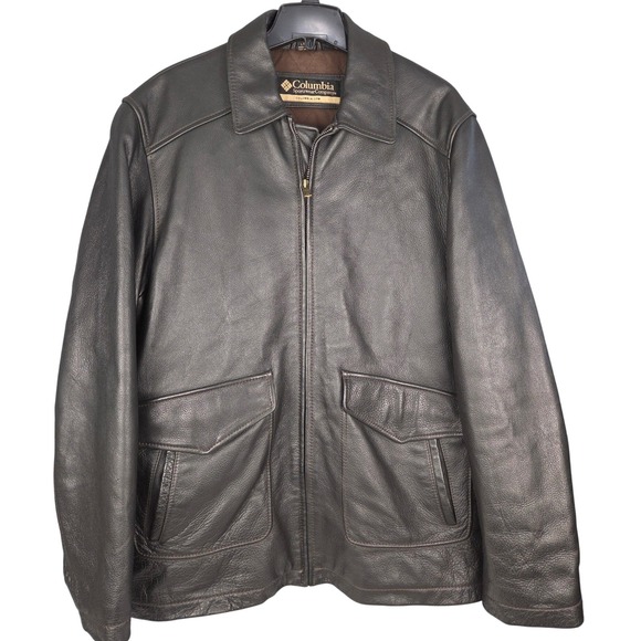 Columbia Mens Leather Bomber Jacket L Tall Brown Full Zip Heavy Coat Y2K Vintage - Picture 1 of 16